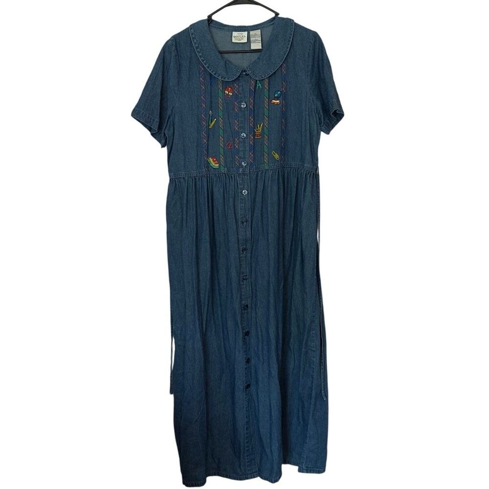 Vintage TR Bentley Button Front Denim Embroidered Dress Size L Teachercore